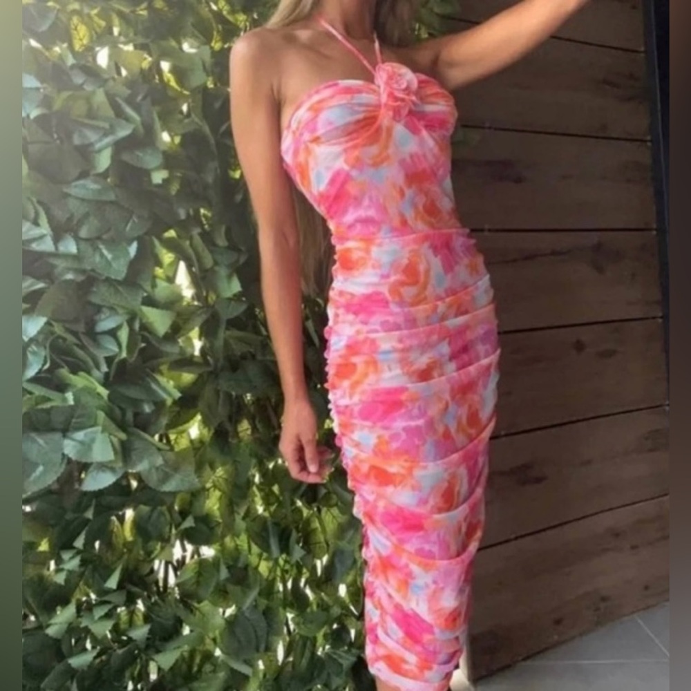 Zara Pink and Blue Ruched Halter Bodycon Midi Dress